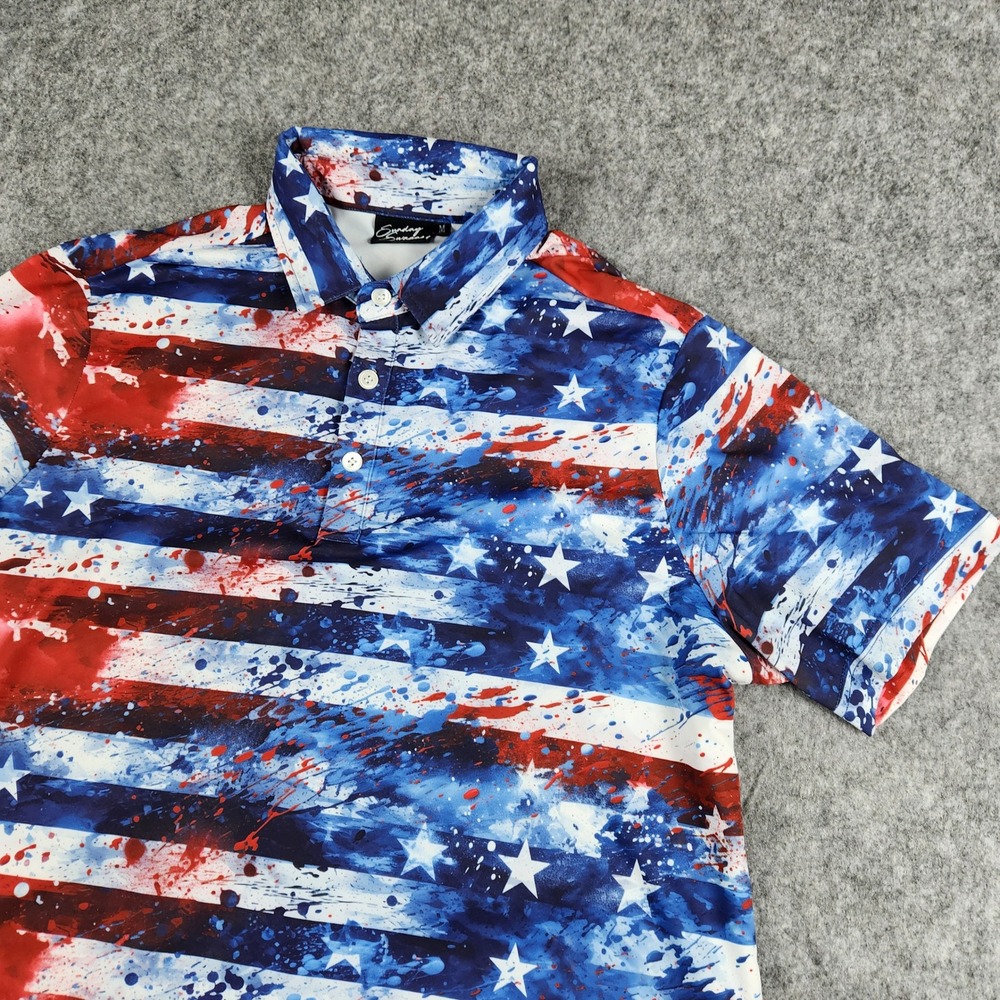 Sunday Swagger Polo Shirt Men M Blue Americana USA Paint Splatter Golf Patriotic